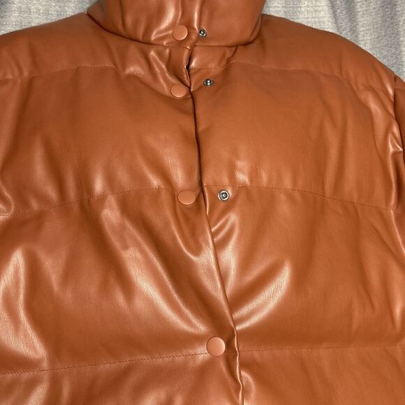 A New Day Faux Leather Cropped Puffer Jacket Brown Women’s Large - Picture 3 of 11